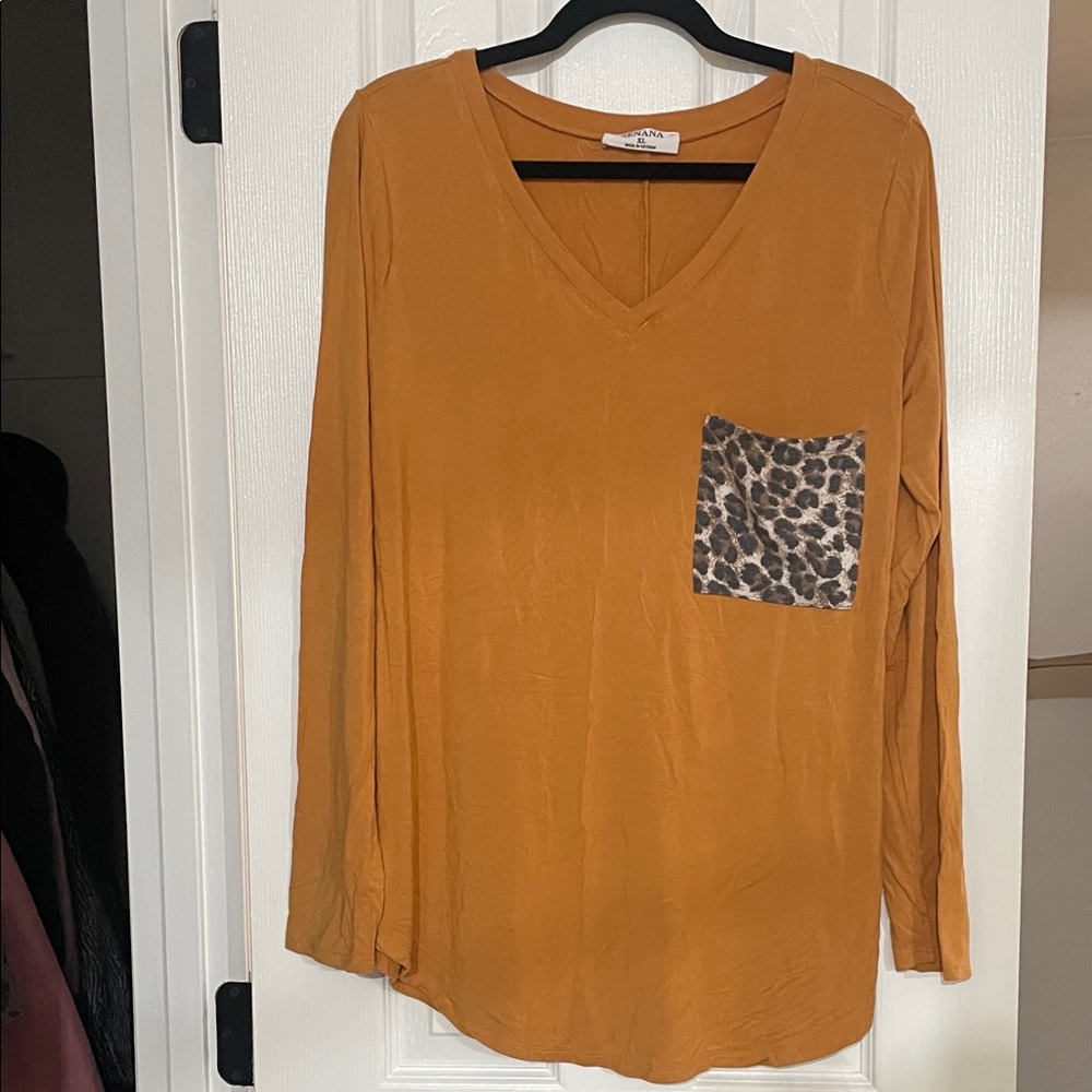 Zenana Outfitters Mustard Long Sleeve Top with Leopard Pocket
